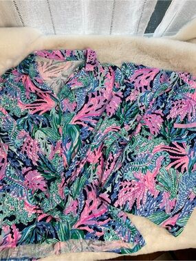 Lilly Pulitzer Multicolor Tropical Print Top — Pink, Blue & Green Pajama Set